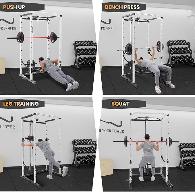GarveeLife Power Cage, Multi-Function Squat Rack with LAT Pulldown, 1600 LBS Weight Capacity Fitness Power Rack with Cable Pulley System and j-Hooks, Dip Bars and Landmine Attachment for Home Gym