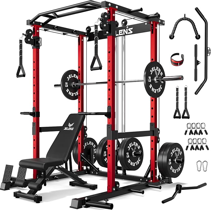 JELENS C12 Squat Rack for Home Gym, 2000LBS Power Rack with Adjustable Pulley System, Power Cage Workout Equipment with LAT Pulldown and Training Attachment