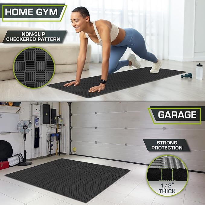 ProsourceFit Exercise Puzzle Mat ½-inch, Checkered EVA Foam Floor Tiles w/Non-Slip Texture, Interlocking Design for Adjustable Gym Surfaces, Shock Absorbing, Black, 24 Sq Ft - 6 Tiles