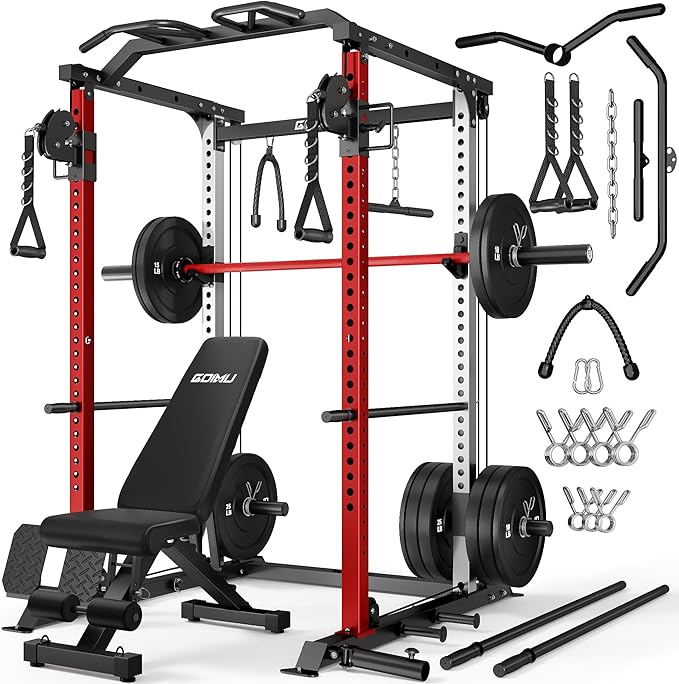 DP01 Power Cage, 2000LBS Squat Rack with with Cable Crossover and Dual Independent Pulley System, Full Cage for Full Body Training, Power Rack with More Training Attachments for Home Gym