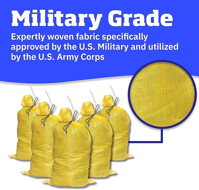 DURASACK Heavy Duty Sand Bags with Tie Strings Empty Woven Polypropylene Sand-Bags for Flood Control with 1600 Hours of UV Protection, 50 lbs Capacity, 14x26 inches, Yellow, Pack of 100