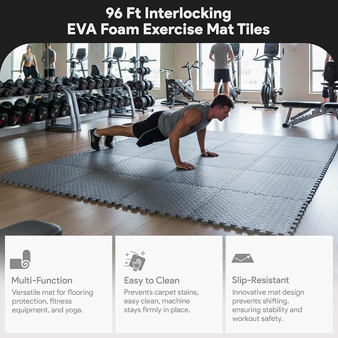BalanceFrom Puzzle Exercise Mat 3/4' Thick, EVA Interlocking Foam Floor Tiles for Home Gym, Mat for Home Workout Equipment, Floor Padding for Kids, Gray, 24 in x 24 in x 3/4 in, 96 Sq Ft - 24 Tiles