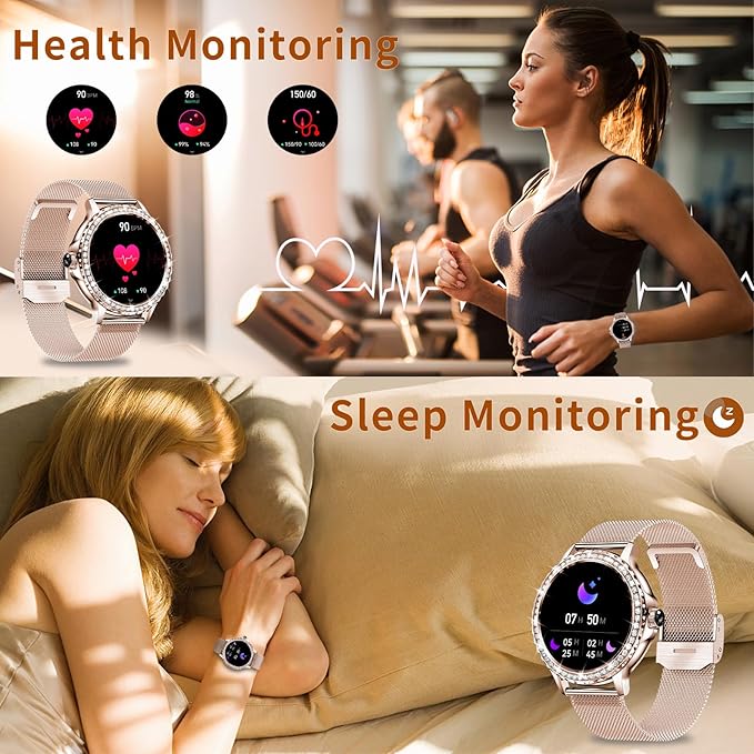 Smart Watches for Women (Answer/Make Call) with Diamonds, 1.3”HD Screen Bluetooth Smartwatch for Android iOS Phones, IP68 Waterproof Fitness Activity Trackers with Heart Rate/SpO2/BP/Sleep Monitor