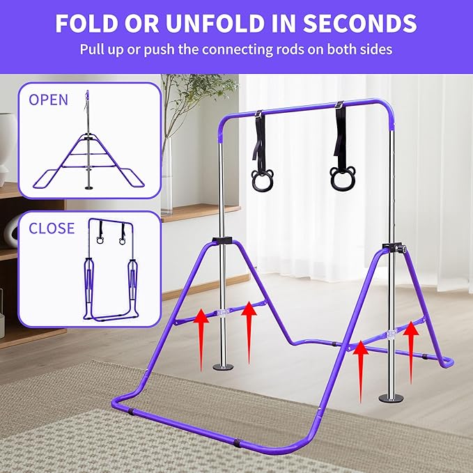 Anwick Gymnastics Bar for Kids - Height Adjustable Horizontal Monkey Bars with Rings, Folding Training Equipment for Indoor Outdoor Home Gym, Kids Exercise Pull Up Bar