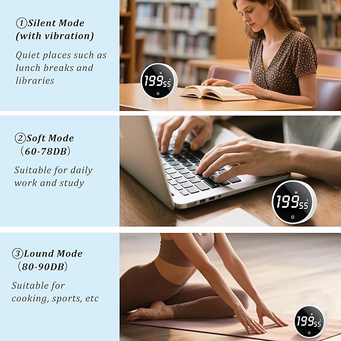 2Pcs Digital Kitchen Timer - Magnetic 199-Minute Countdown Countup Timer with Large LED Display,Volume Adjustable, Visual timers for Cooking,Gym,Meeting,Classroom,Study,Work,Outdoor Activities