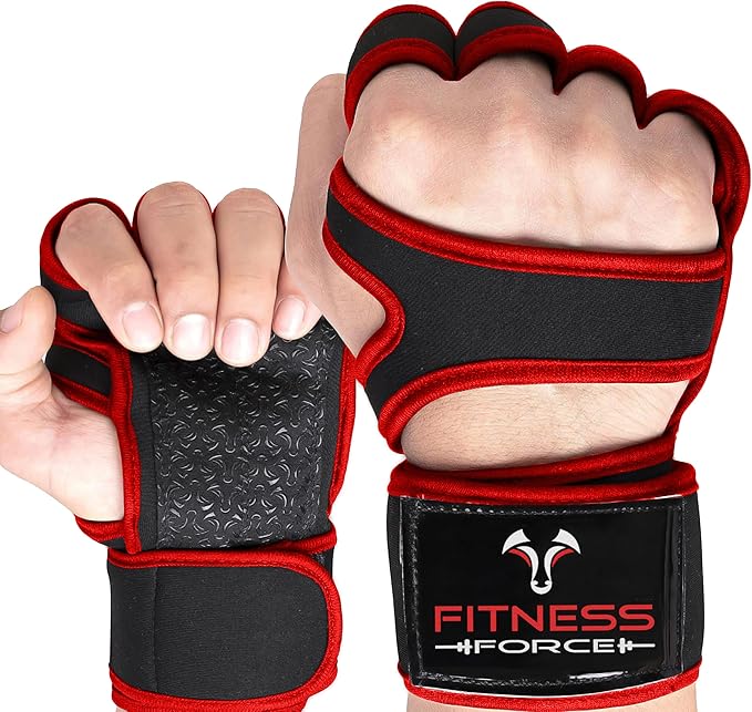 FITNESS FORCE Ventilated Weightlifting Gloves Workout Gloves for Men & Women with Built-in Wrist Wraps Fingerless Gym Gloves for Men Perfect for Exercise Fitness, Weight Lifting, Cross Training