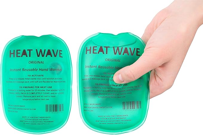 Made in USA: Heat Wave Instant Reusable Heat Packs, Instant Reusable Hand Warmers 2-Pack, for Camping, Hiking, and Pain Relief (3” x 5”), Click Heat