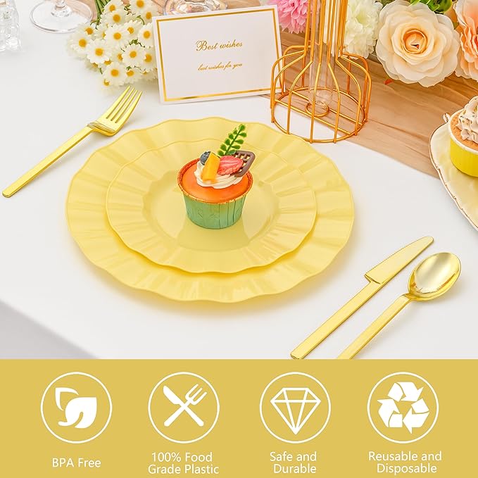 60Pcs Yellow Plates, Heavy Duty Ware Yellow Plastic Plates Disposable, Fancy 30 Dinner & 30 Dessert Plates for Spring Easter Party Wedding(30Guests)
