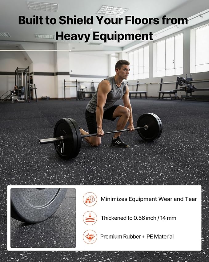 VEVOR 0.56Inch 24sq.ft 6 Tiles Gym Flooring for Home Gym, Rubber Top with High Density EVA Foam, 24 x 24In Gym Floor Exercise Equipment Mats, Interlocking Gym Mats, Puzzle Workout Mats, Black & Gray