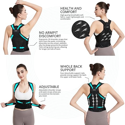 SHAPERKY Posture Corrector for Women for Support: Back Brace for Full Back Support - Adjustable Shoulder Straightener for Women and Men (Black, Medium)