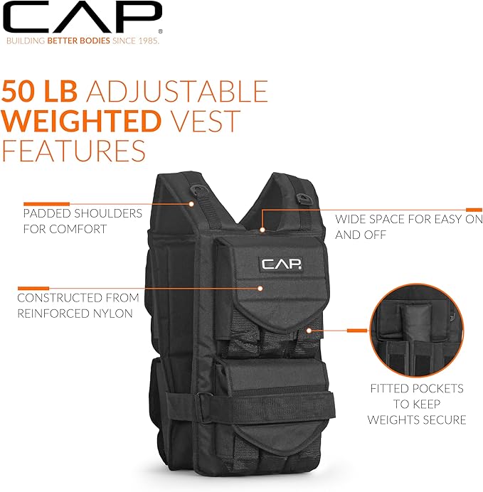CAP Barbell Adjustable Weighted Vest | 20-150 lbs | Heavy-Duty Workout Vest with Removable Iron Weights for Strength Training, Cardio, Running, and Calisthenics