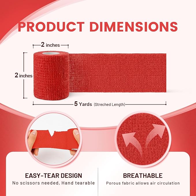 18 Pack Self Adherent Bandage Wrap, Self Adhesive Wraps Rose Red, 2 Inch Breathable Cohesive Bandage Wrap for Ankle Support and Athletic Sports, Flexible First Aid for Swelling Reliable