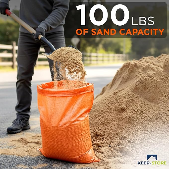 Heavy Duty Sand Bags Pack of 5, Bright Orange Empty Sandbags with Built-In Ties, Woven Polypropylene UV Protection 1600 Hours, Fillable Bags for Flood Control, Weight, 20x36 inches, 100 Pounds Volume