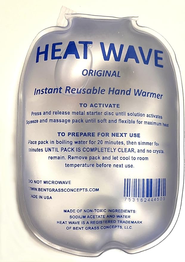Heat Wave Instant Reusable Heat Packs Small 4-Pack Clear: Instant Reusable Hand Warmers for Camping, Hiking, and Pain Relief (3” x 5”), Click Heat Safe, Non-Toxic and Made in USA