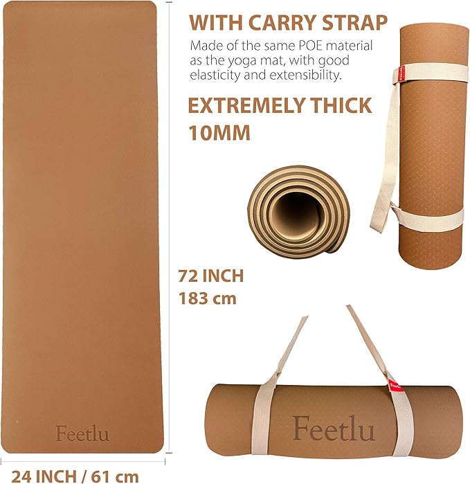 Extra Thick Exercise Yoga Mat with Strap - 2/5 Inch (10MM), Non-Slip Workout Mat for Yoga, Pilates, and Floor Exercises