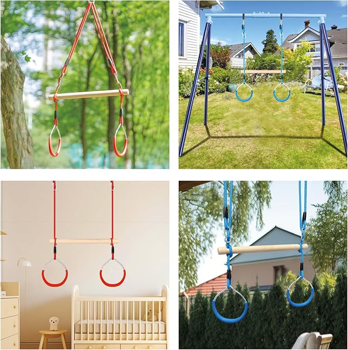 Trapeze Swing Bar with Gymnastic Rings Warrior Accessories for Obstacle Course Monkey Bars for Indoor Outdoor Garden，Backyard, Playground, Playroom（Blue）