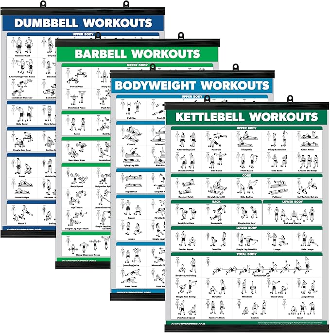 Palace Learning 4 Pack - Dumbbell + Barbell + Bodyweight + Kettlebell Workouts - Set of 4 Laminated Charts (18" x 24", Plastic Frame)
