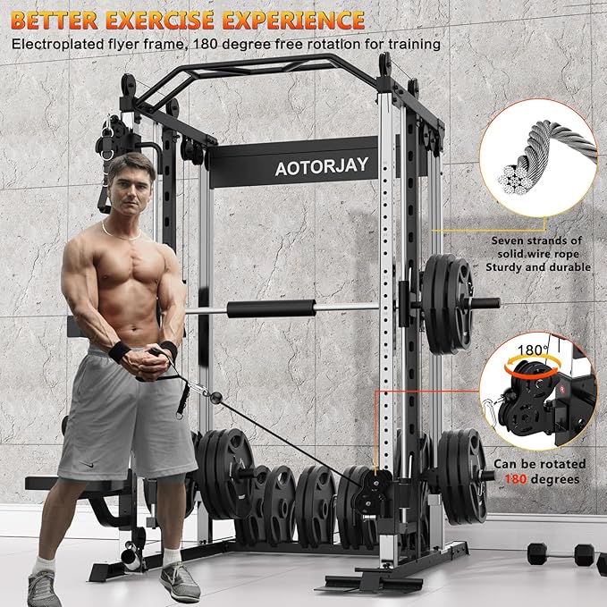 Smith Machine Strength Training Squat Rack with Smith Bar, Power Cage with LAT Pull-Down Systems, Cable Crossover Machine for Home Gym