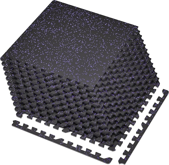 SUPERJARE 0.4'' Thick 12 Pcs 48 Sq Ft Rubber Top Exercise Equipment Mats, High Density EVA Foam Mats with Rubber Top, Interlocking Gym Flooring for Home Gym, Protective Workout Mat, Black/Purple