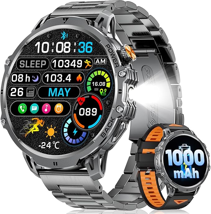 LIGE Military Smart Watches for Men(2 Bands),1000mAh/1.85" HD Large Screen Smartwatch, Flashlight/110+ Sports Modes/IP68 Waterproof/Sleep Monitor, Fitness Tracker Watch for Android iOS,Matte Black
