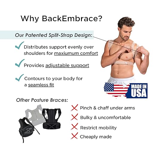 BackEmbrace Posture Corrector for Women and Men - Made in USA - Slim and Adjustable Shoulder Brace - Back Brace for Back Pain Relief - Sand Drizzle XL