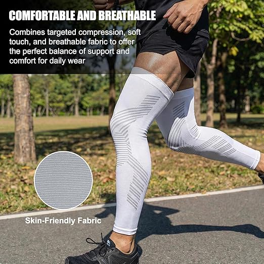 NuCamper Full Leg Compression Sleeves for Men and Women,2 Pack Legs Sleeves Long Knee Brace Support for Running, Basketball, Cycling, Workout, Sports - White,3XL