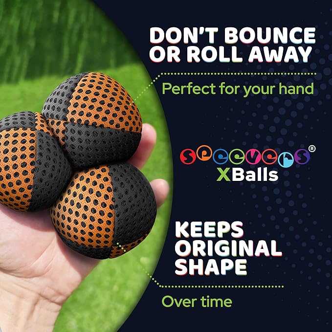 speevers Juggling Balls for Beginners and Professionals Set of 3, 14 Colors Available, 2 Layers of Net and Carry Case, Xballs Juggling Balls (Black - Orange, 4.2 oz)