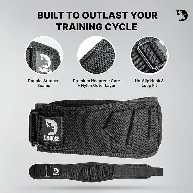 DMoose Fitness Weight Lifting Belt for Squats, Deadlift & Intense Workout - 6" Adjustable Fit Auto Lock Weightlifting Belt for Men & Women - Neoprene Gym Belts for Stability & Lumbar Back Support