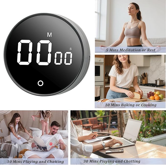 Digital Kitchen Timer - Magnetic 199-Minute Countdown Countup Timer with Large LED Display,Volume Adjustable, Visual timers for Cooking,Gym,Meeting,Classroom,Study,Work,Outdoor Activities,Black