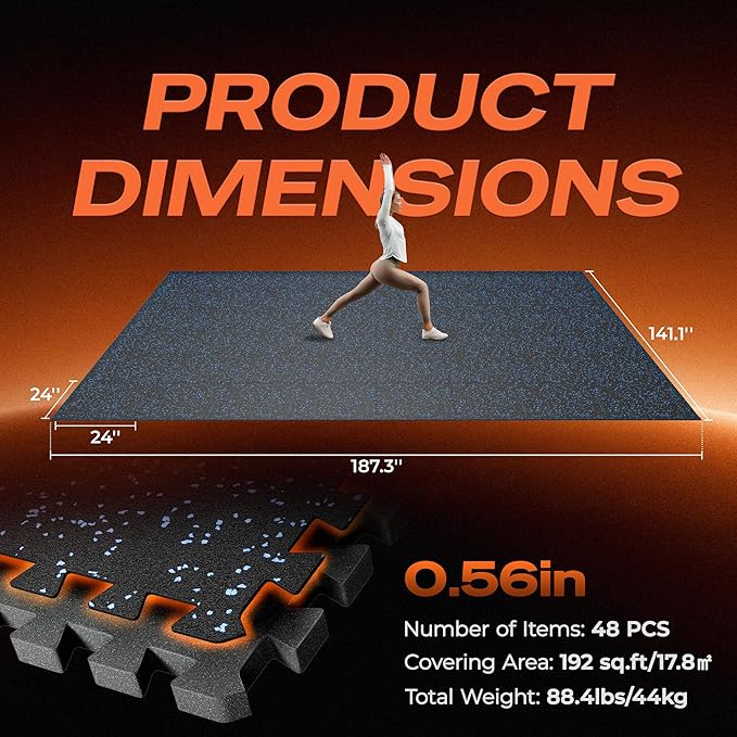 SUPERJARE 0.56'' Thick 48 Pcs 192 Sq Ft Rubber Top Exercise Equipment Mats, High Density EVA Foam Mats with Rubber Top, Interlocking Gym Flooring for Home Gym, Protective Workout Mat, Black/Blue