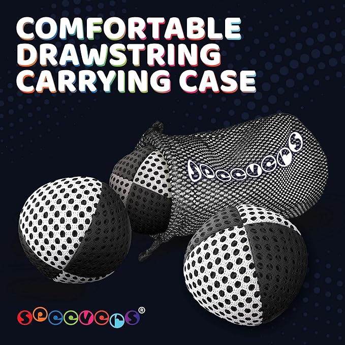 speevers Juggling Balls for Beginners and Professionals Set of 3, 14 Colors Available, 2 Layers of Net and Carry Case, Xballs Juggling Balls (Black - White, 3.9 oz)