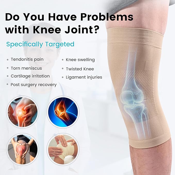 Knee Compression Sleeves, 1 Pair, Can Be Worn Under Pants, 20-30mmHg Strong Support Knee Brace for Unisex, Knee Support for Meniscus Tear, Arthritis, Pain Relief, Injury Recovery, Daily Wear, Beige XL