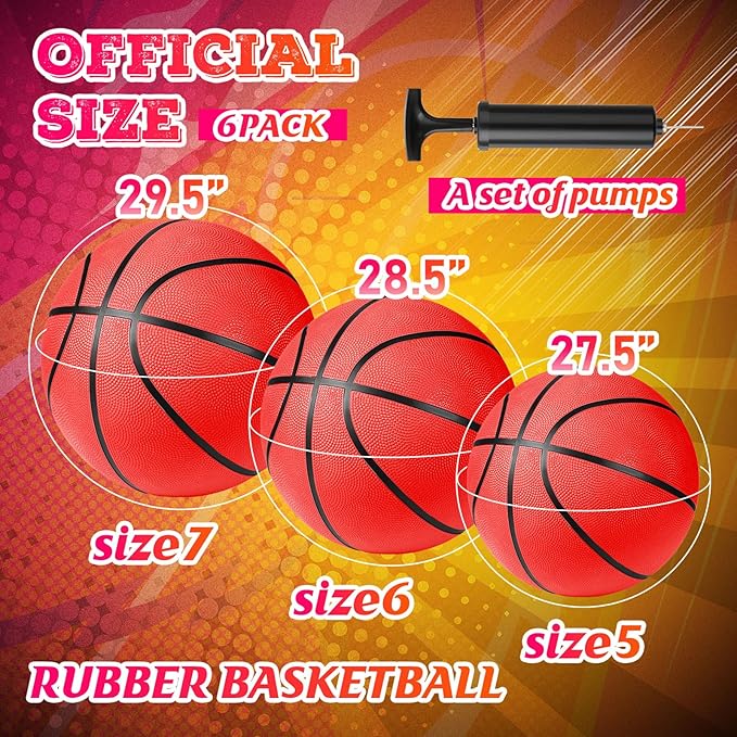 HyDren 6 Pack Official Size Rubber Basketballs with Pump Bulk for Child Kids Junior Youth Adults Basket Balls Indoor Outdoor Operation Christmas Items School Gifts