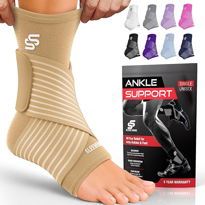 Sleeve Stars Ankle Brace for Women & Men, Ankle Wrap for Sprained Ankle, Compression Sleeve for Plantar Fasciitis Relief, Easy Customizable Support: w/Removable Strap (Single/L:12"-13"/Beige)