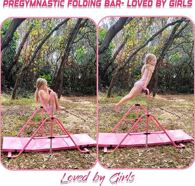 PreGymnastic Folding Gymnastics Bar with Rings, Foldable Kip Bar with Sturdier Base, Training Bar for Kids Ages 3-10, Horizontal Bar, Home Gym Equipment for Boy Girl