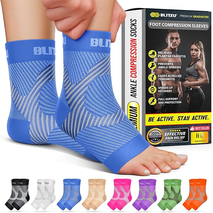 BLITZU Compression Socks for Plantar Fasciitis, Achilles Tendonitis, Arthritis Relief, Ankle Brace Compression Sleeve with Foot Arch Support, Ankle Wrap for Women, Men, Swelling & Heel Pain Blue S-M