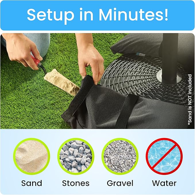 Rhino BaseMate Umbrella Base Weights 4-Pack – Fillable Sand Bags for Umbrella Base & Patio Stand | Durable Weatherproof Sandbag Weights for Outdoor Umbrellas, Arched Design, Holds Up to 49 lbs Each