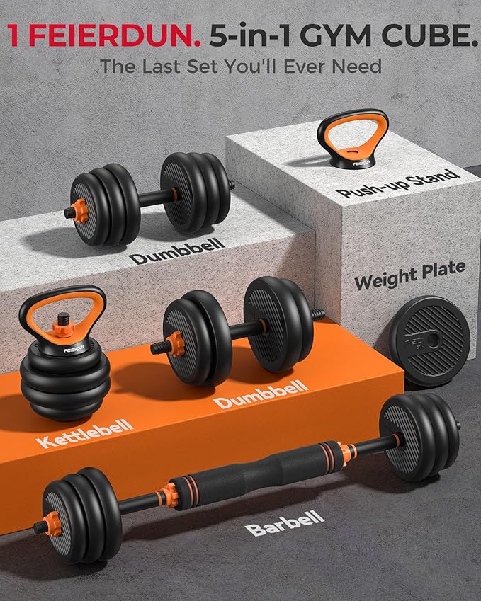 FEIERDUN Adjustable Dumbbells, 20/30/40/45/70/90lbs Free Weight Set with Connector, 5 in1 Dumbbells Set Used as Barbell, Kettlebells, Push up Stand, Weight Plate, Fitness Exercises for Home Gym Suitable Men/Women
