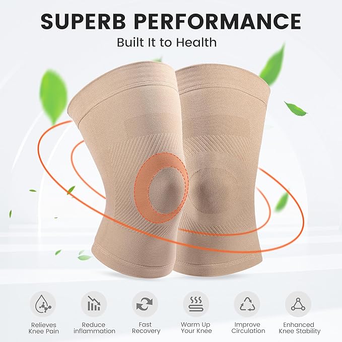 Knee Compression Sleeves, 1 Pair, Can Be Worn Under Pants, 20-30mmHg Strong Support Knee Brace for Unisex, Knee Support for Meniscus Tear, Arthritis, Pain Relief, Injury Recovery, Daily Wear, Beige M