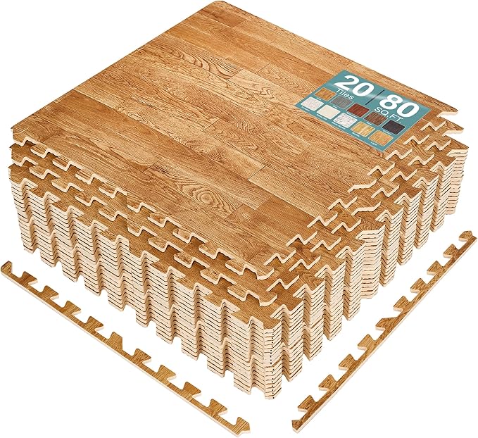 Sorbus 80 Sq. Ft. Wood Grain Floor Tiles Foam Mat EVA Interlocking Mats Tile 3/8-Inch Thick Flooring Wood Puzzle Exercise Mats w/Borders - Home Playroom Basement, Apartment, Trade Show, Baby, Dance