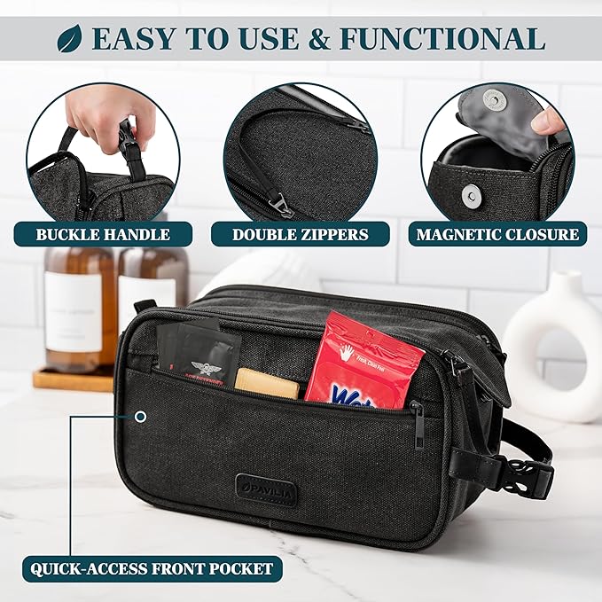 PAVILIA Toiletry Bag for Men, Canvas Dopp Kit, Travel Essentials Organizer, Water-Resistant Shaving, Grooming Kit, Large Hanging Bathroom Accessories Cosmetic Bag, Black