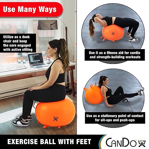 CanDo 30-1891 Non-Slip Inflatable Exercise Ball with Stability Feet for Exercise, Workout, Core Training, Yoga, Pilates, Active Sitting in Gym, Office, Home or Classroom. Yellow 18"