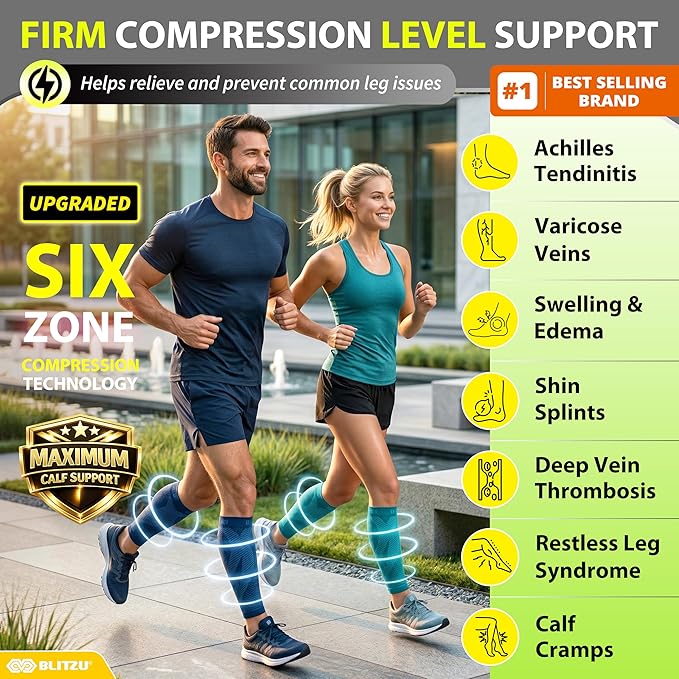 BLITZU Calf Compression Sleeve for Men & Women Footless Compression Socks Support Runners Leg Sleeve Shin Splints Pain Relief