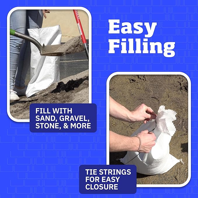 DURASACK Heavy Duty Sand Bags with Tie Strings Empty Woven Polypropylene Sand-Bags for Flood Control with 1600 Hours of UV Protection, 50 lbs Capacity, 14x26 inches, White, 1000 Count