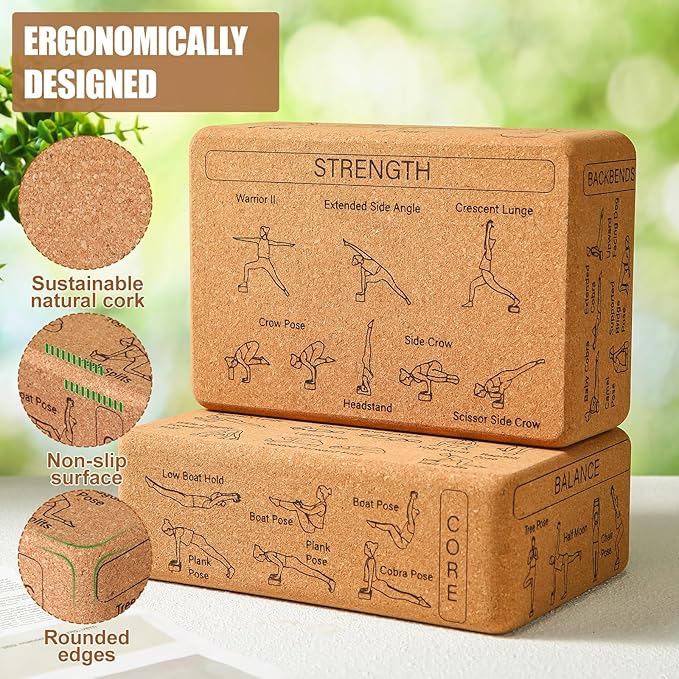 Halloscume Cork Yoga Blocks 2 Pack Yoga Poses Teaching Cork Blocks, Suitable Poses for Beginners and Experts High Density Block with Non Slip Surface for Better Support, Balance Comfort (Beige)