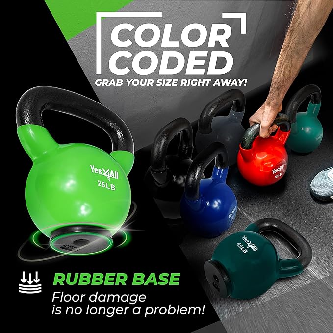 Yes4All Kettlebells Rubber Base, Kettlebell Set for Women, Strength Training Kettlebells Weights (10-65 lbs)