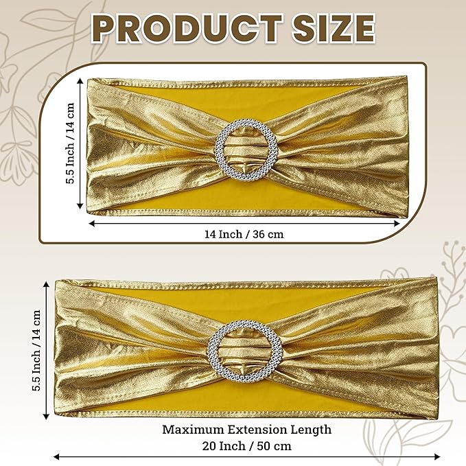 VDS - Gold Glitter | Spandex Chair Sashes Bows | 300 PCS | Stretch Elastic Banquet Universal Folding Chair Band Tie with Silver Buckle Slider for Wedding Party Conference Celebration Event Decoration