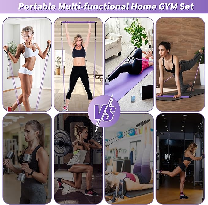 Goocrun Portable Pilates Bar Kit with Resistance Bands for Men and Women - 3 Set Exercise Resistance Bands - Multifunctional Home Gym - Supports Full-Body Workouts – with Fitness Poster and Video