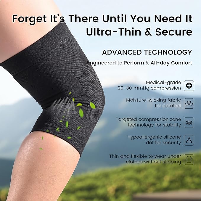 Knee Compression Sleeves, 1 Pair, Can Be Worn Under Pants, 20-30mmHg Strong Support Knee Brace for Unisex, Knee Support for Meniscus Tear, Arthritis, Pain Relief, Injury Recovery, Daily Wear, Black M