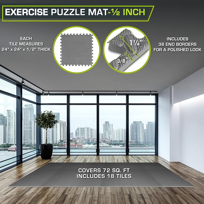 ProsourceFit Exercise Puzzle Mat ½-inch, EVA Interlocking Foam Floor Tiles for Home Gym, Workout Equipment, Kids Play Areas, Grey, 72 SQ FT - 18 Tiles
